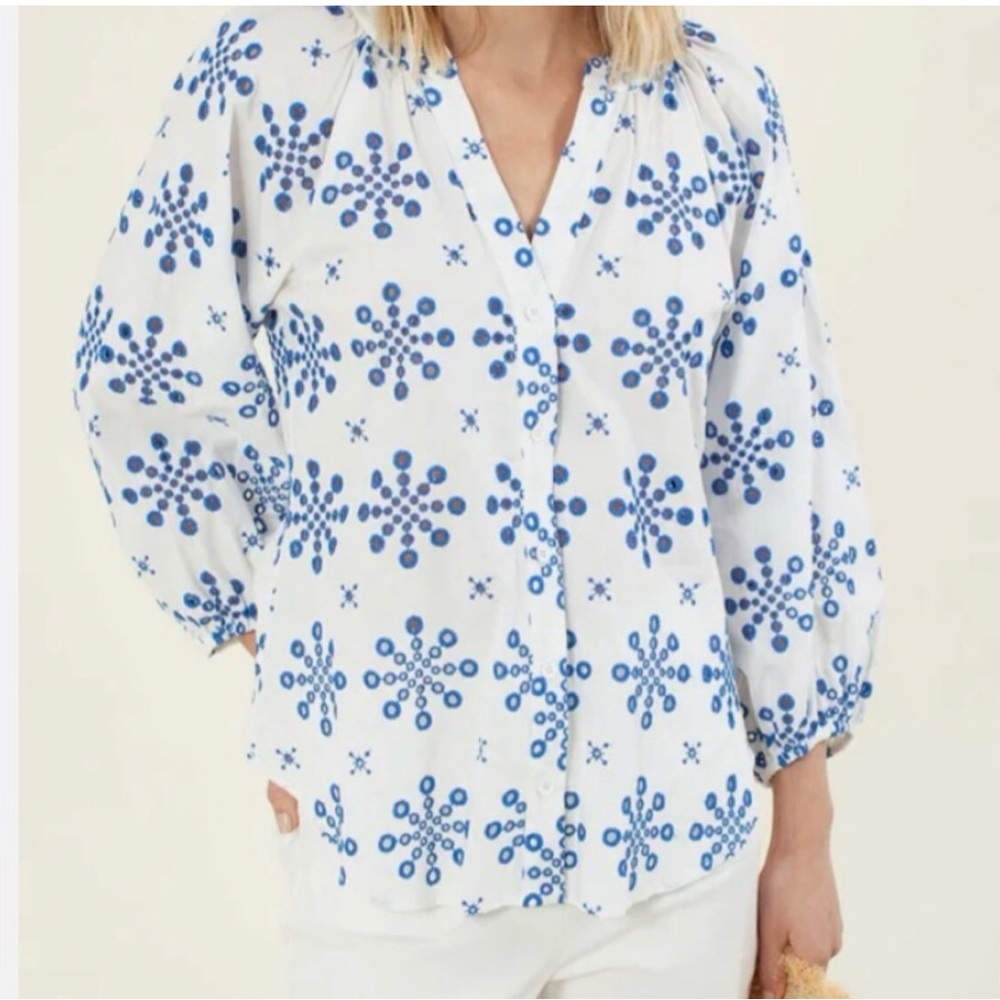 HALE BOB Women’s White Blue MAEVY EYELET Top Blouse Button Up Cotton Size M